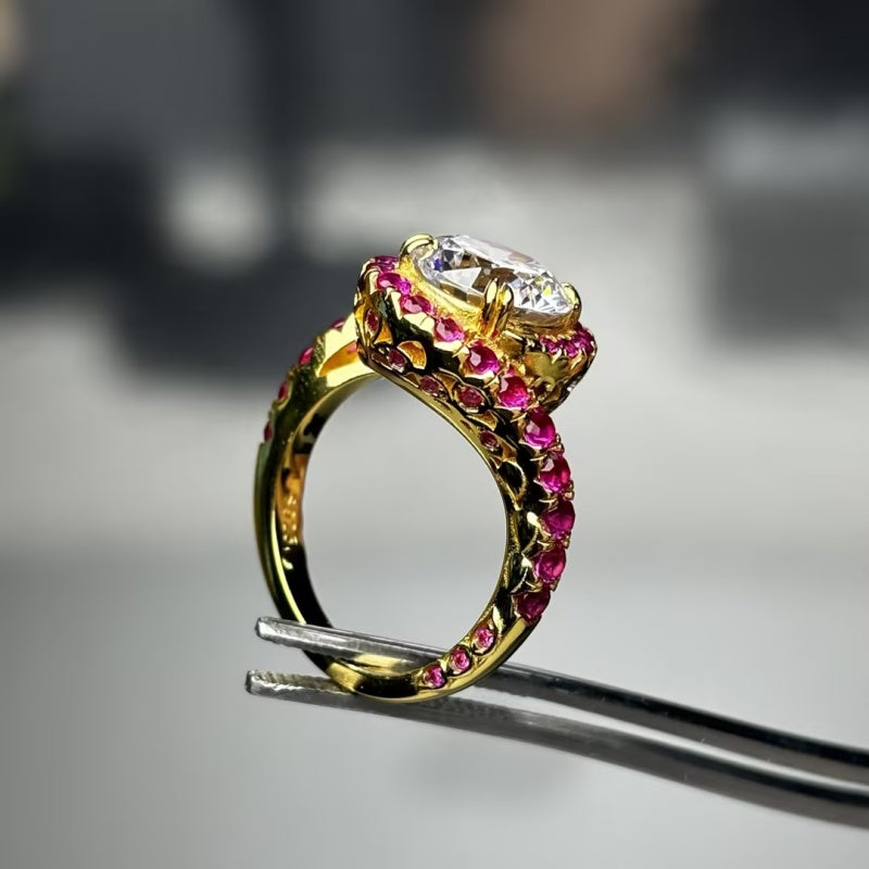 Vintage Twist Statement Ring: Yellow Gold with Round Diamond & Ruby Accents