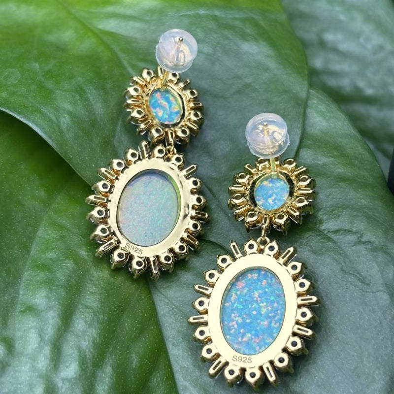 Oval Boulder Opal & Aquamarine Sunburst Drop Earrings