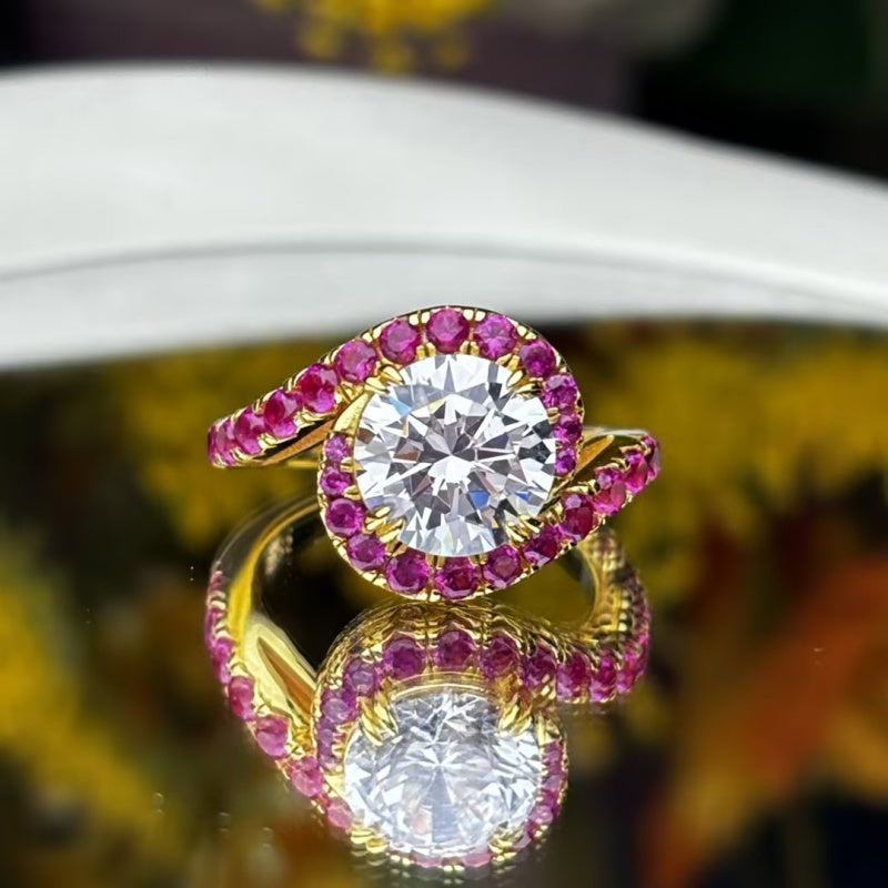 Vintage Twist Statement Ring: Yellow Gold with Round Diamond & Ruby Accents
