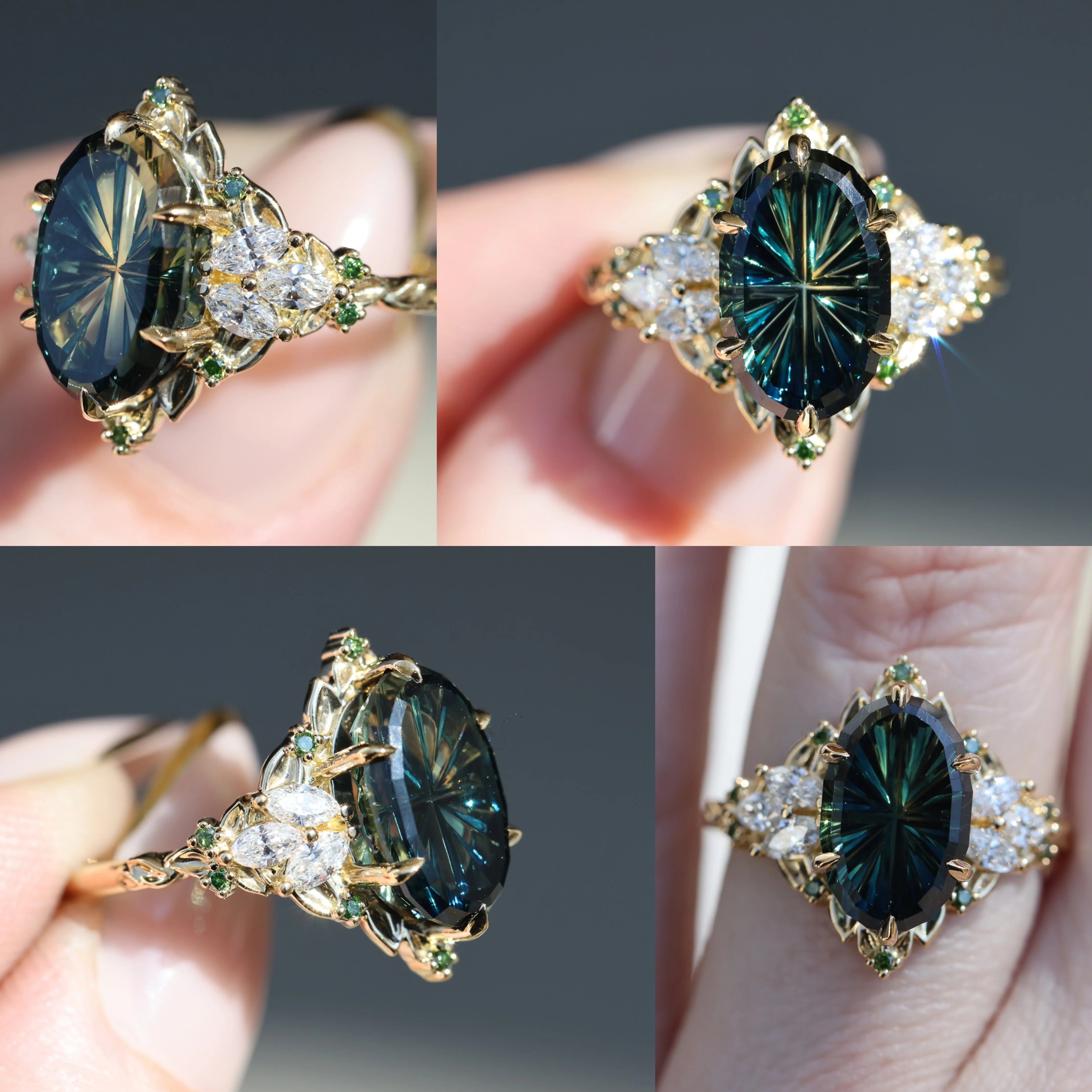 Briar Rose Halo Emerald Ring with Marquise Accents – Sweetlee Jewelry