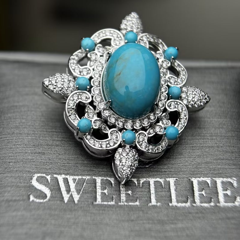 Oval Cabochon Turquoise & White Sapphire Floral Halo Brooch