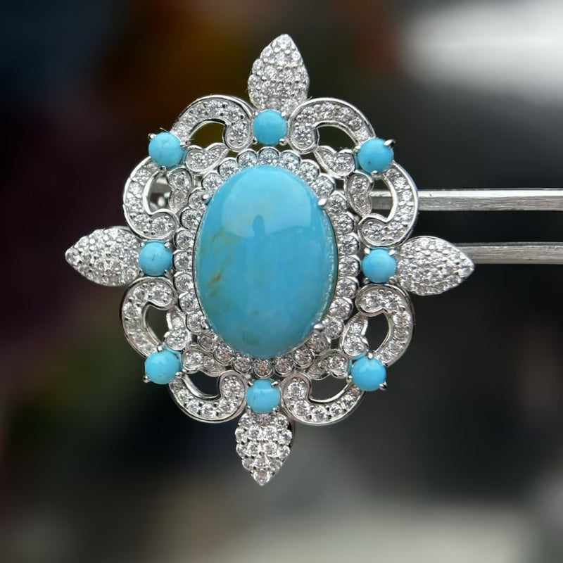 Oval Cabochon Turquoise & White Sapphire Floral Halo Brooch