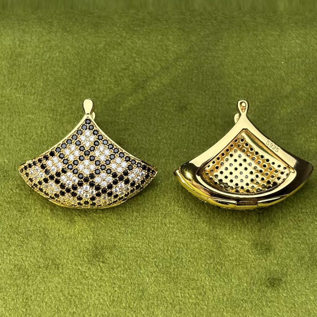 Checkerboard Pave Black & White Sapphire Fan-Shaped Stud Earrings