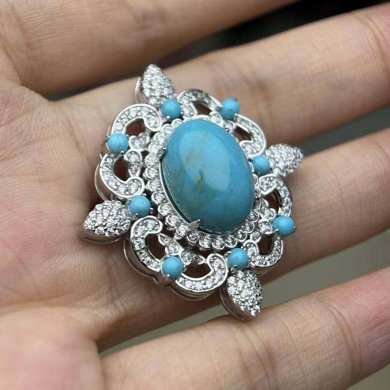 Oval Cabochon Turquoise & White Sapphire Floral Halo Brooch
