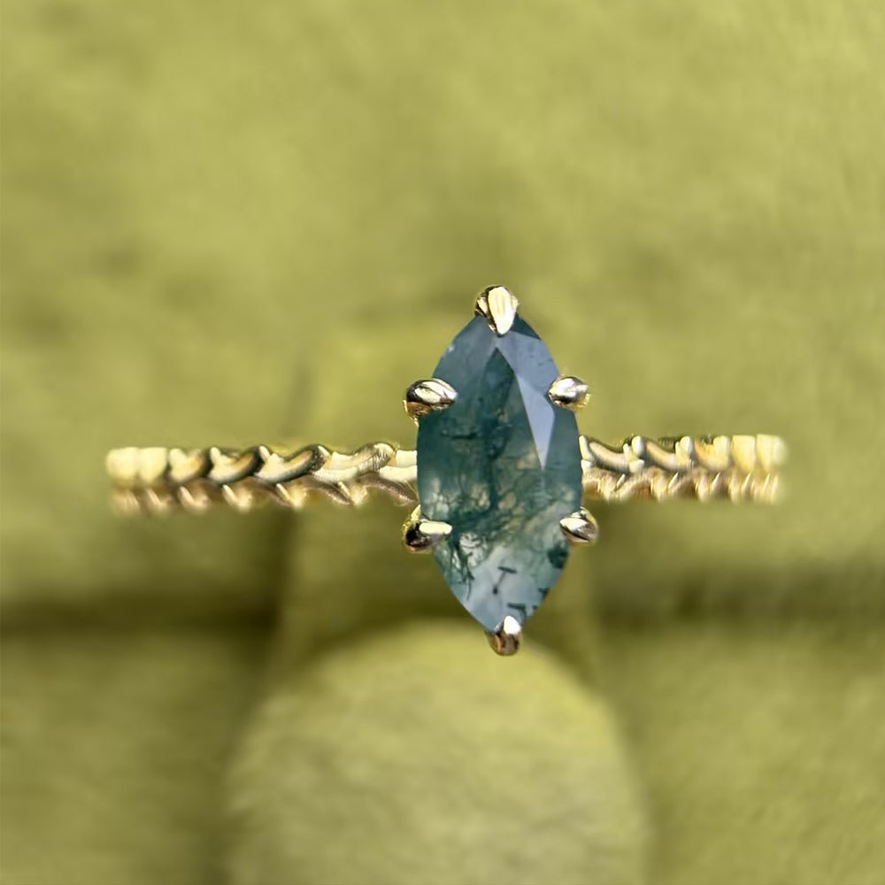 Leaf Prong Marquise Cut Moss Agate Promise Ring Solitaire Engagement Ring with Wheat Band