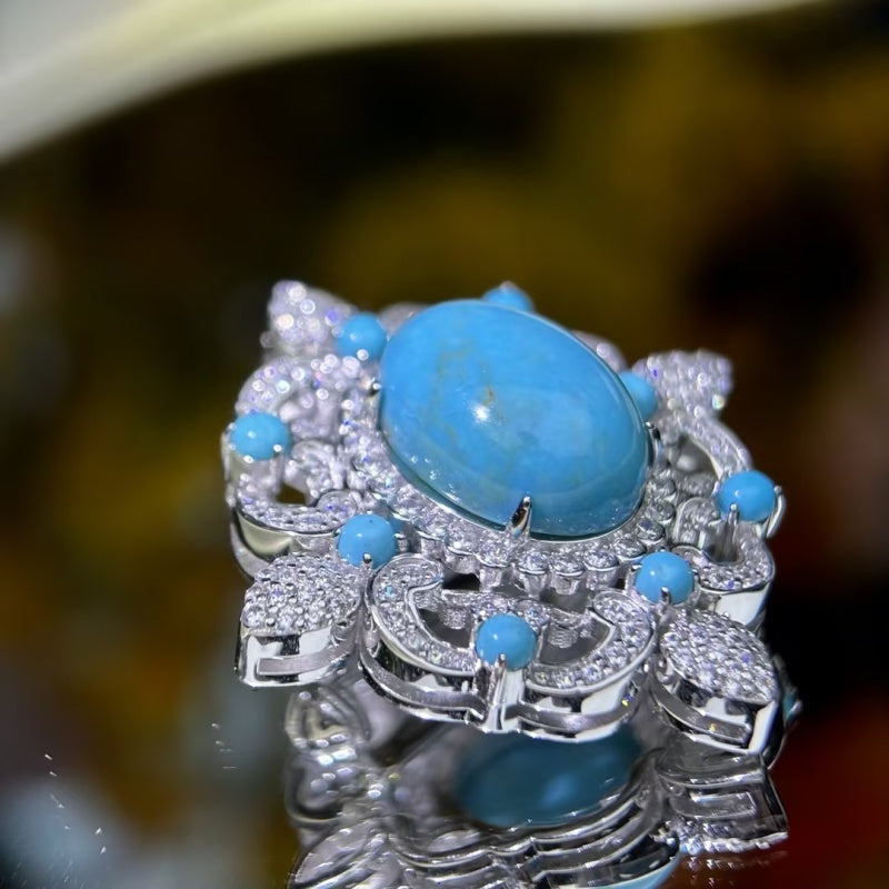 Oval Cabochon Turquoise & White Sapphire Floral Halo Brooch