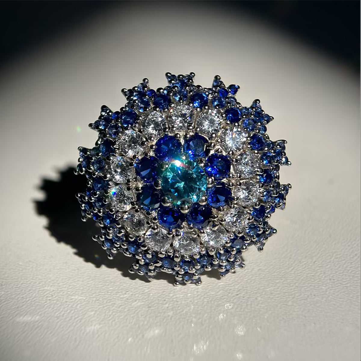 Round Cut Blue & White Sapphire Engagement Ring