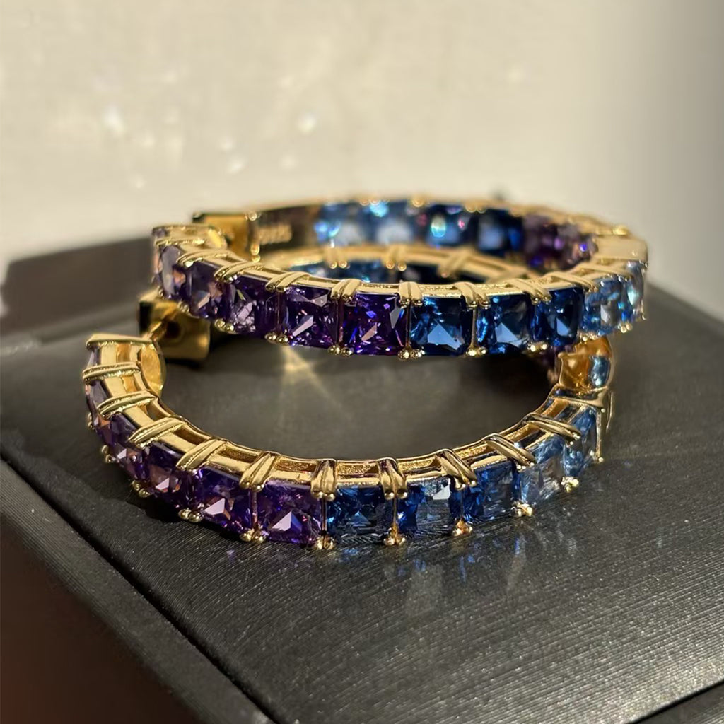 Vibrant Gradient 10ctw Emerald Cut Purple & Blue Sapphire Hoop Earrings