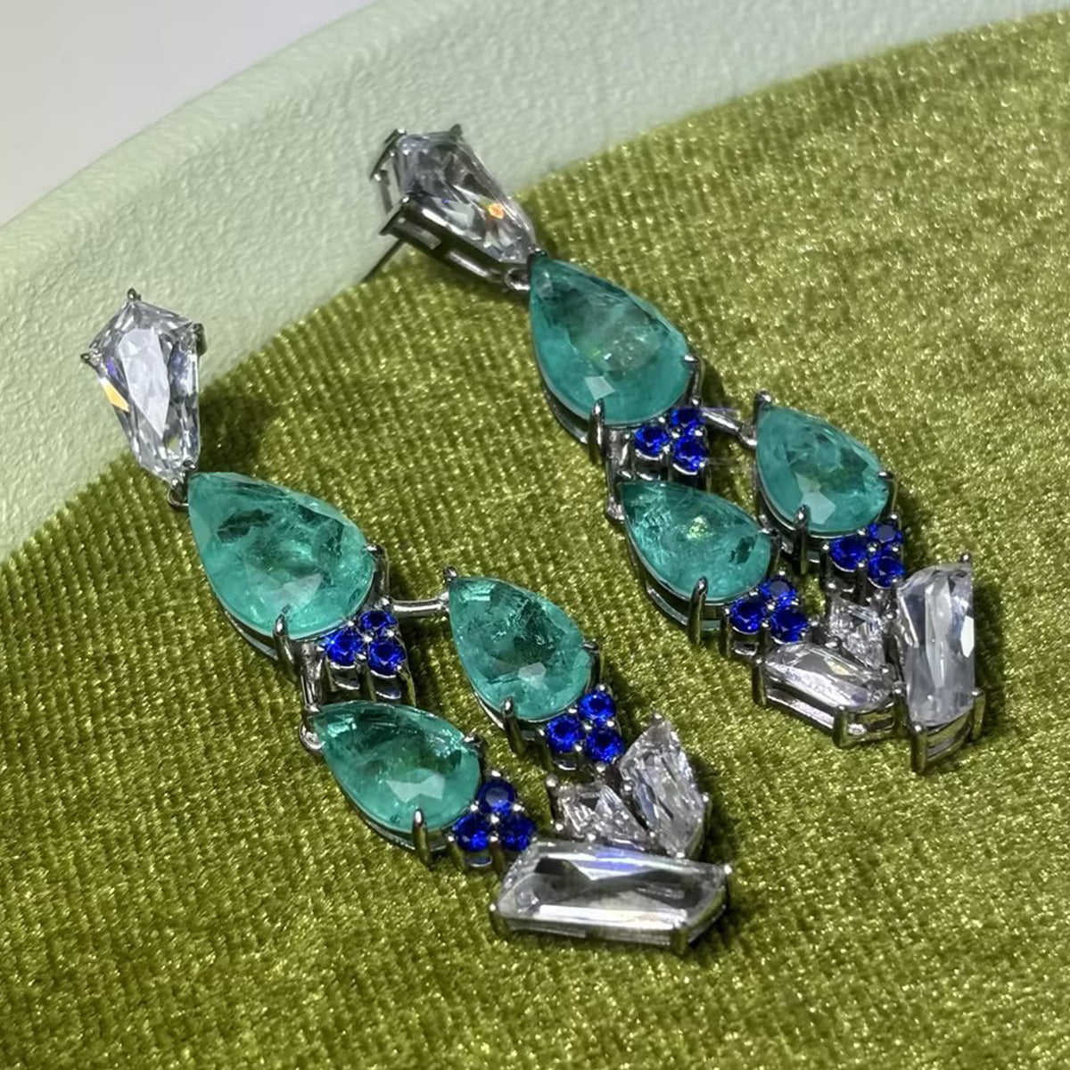 Cascading Aquamarine & Blue Sapphire Pear Cut Drop Earring