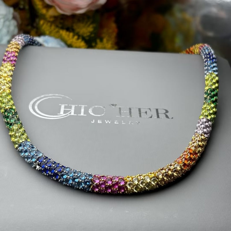 Rainbow Ombré Multi-Gem Round Cut Necklace