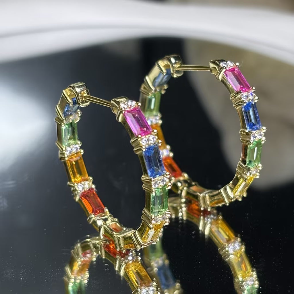 Rainbow & White Sapphire Hoop Earrings