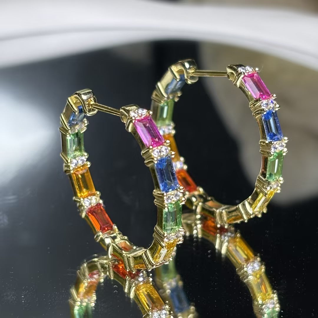 Rainbow & White Sapphire Hoop Earrings