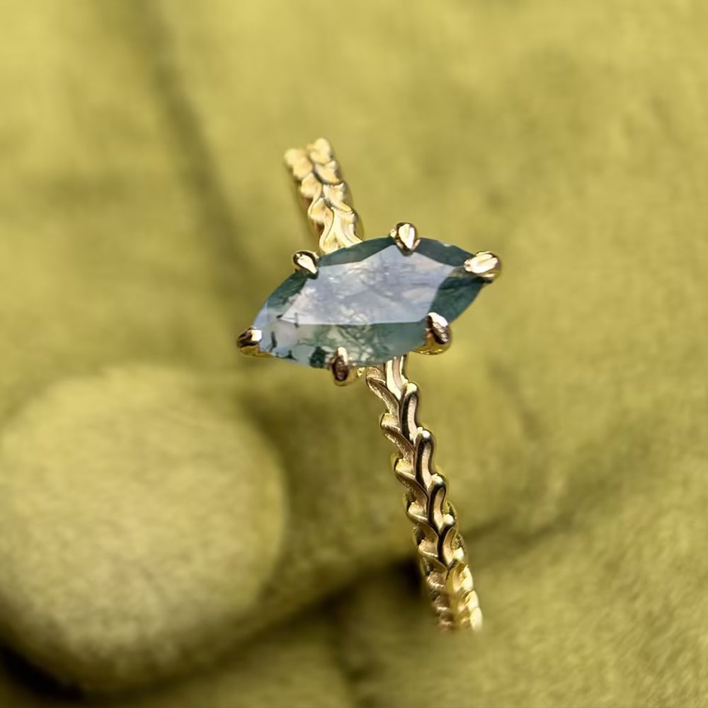 Leaf Prong Marquise Cut Moss Agate Promise Ring Solitaire Engagement Ring with Wheat Band