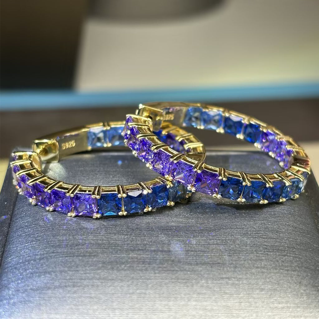 Vibrant Gradient 10ctw Emerald Cut Purple & Blue Sapphire Hoop Earrings