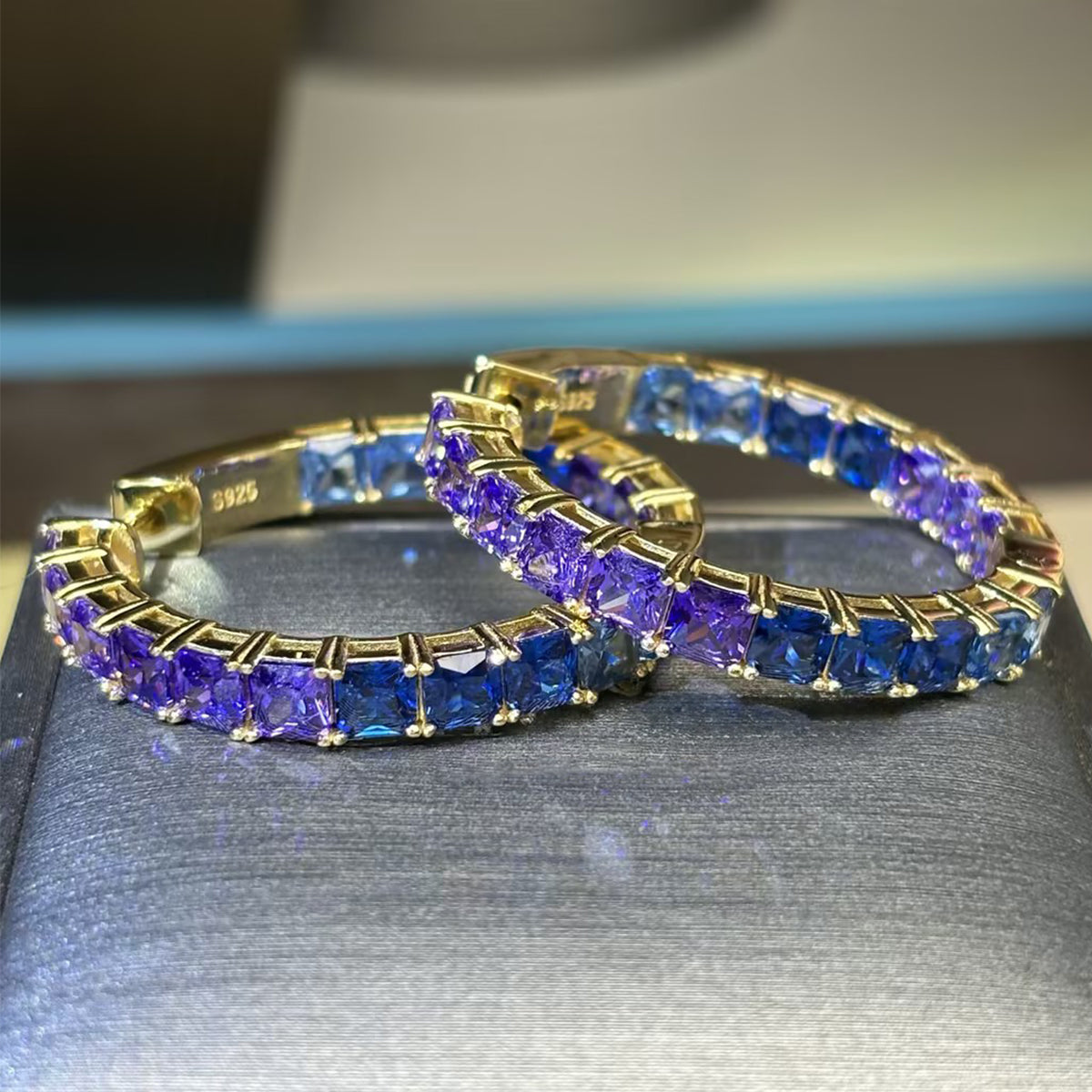 Vibrant Gradient 10ctw Emerald Cut Purple & Blue Sapphire Hoop Earrings