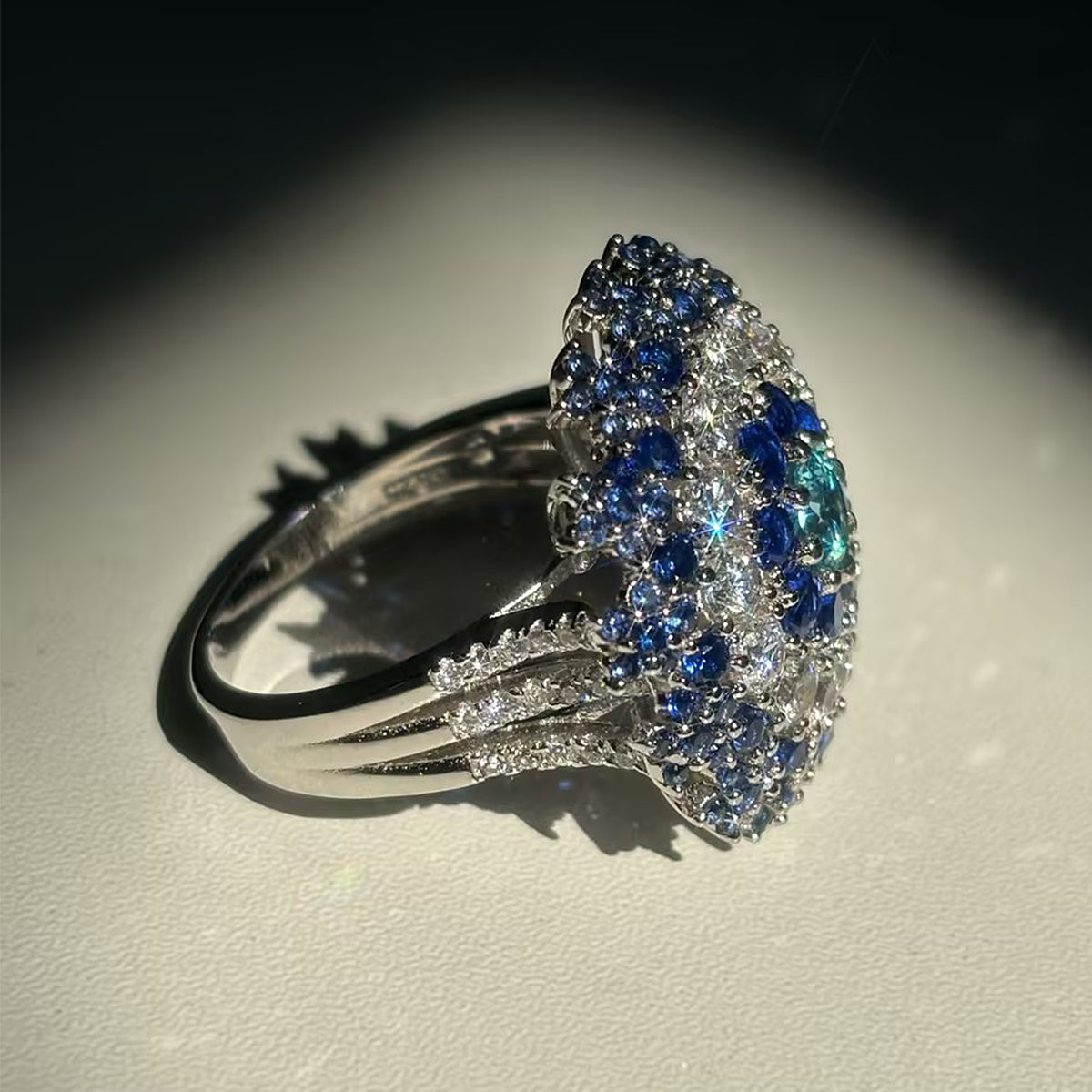 Round Cut Blue & White Sapphire Engagement Ring