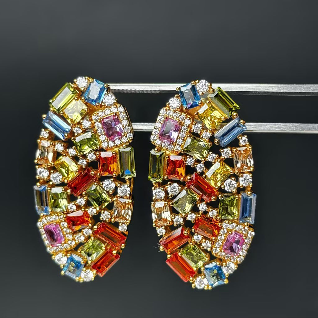 Baguette & Round Multi-Gemstone Cluster Stud Earrings