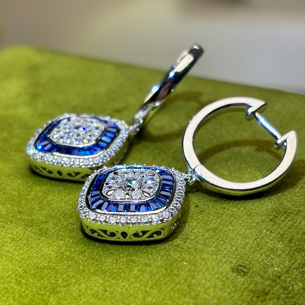 White & Blue Sapphire White Gold Drop Earrings