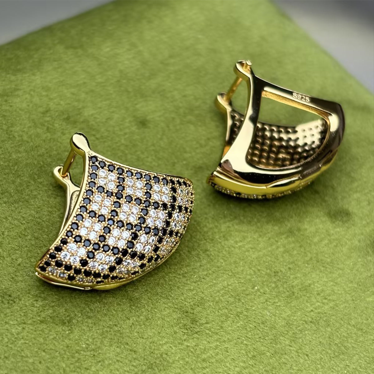 Checkerboard Pave Black & White Sapphire Fan-Shaped Stud Earrings