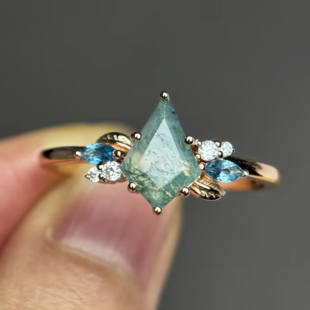 Kite Cut Moss Agate Promise Ring Nature Inspired Cluster Ring