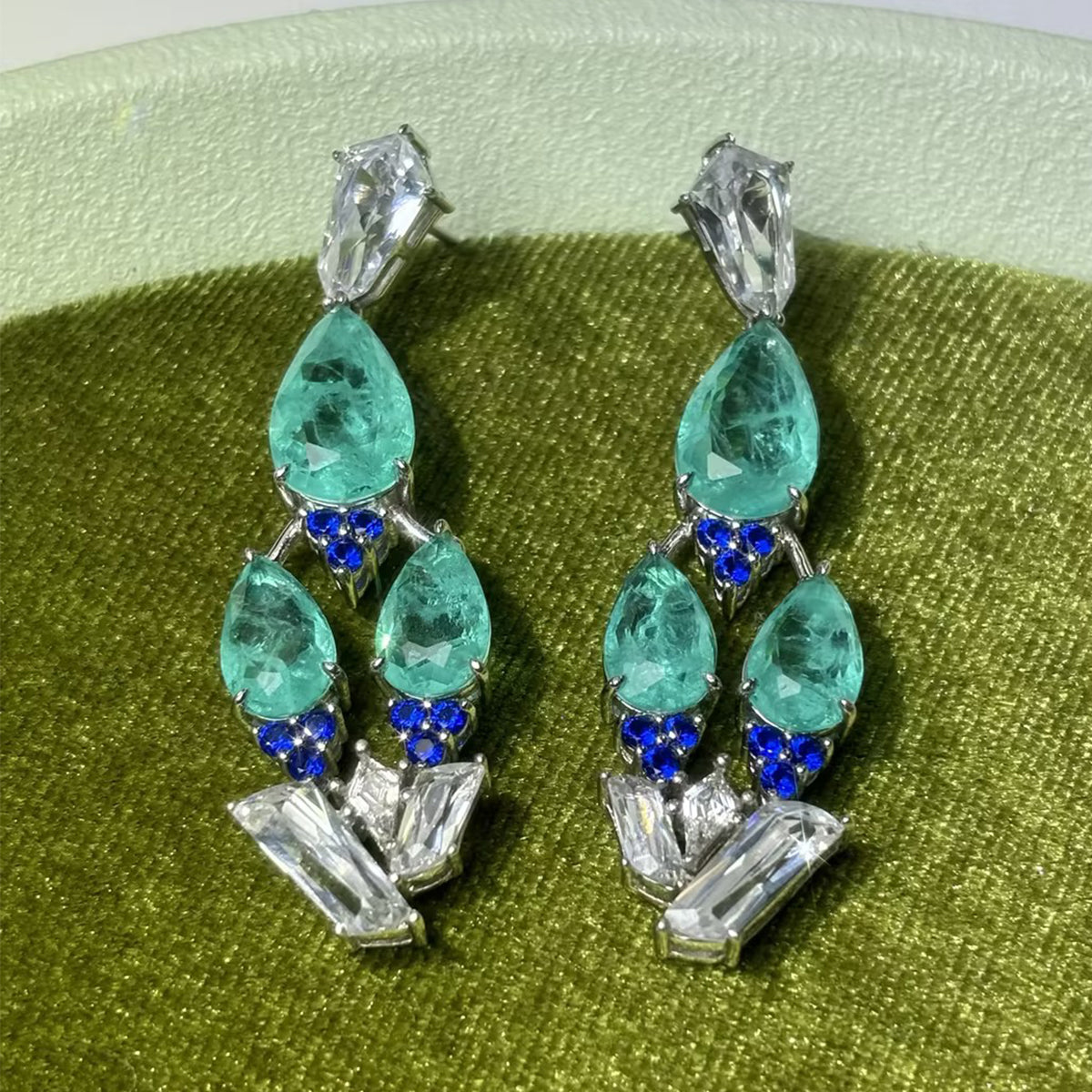 Cascading Aquamarine & Blue Sapphire Pear Cut Drop Earring
