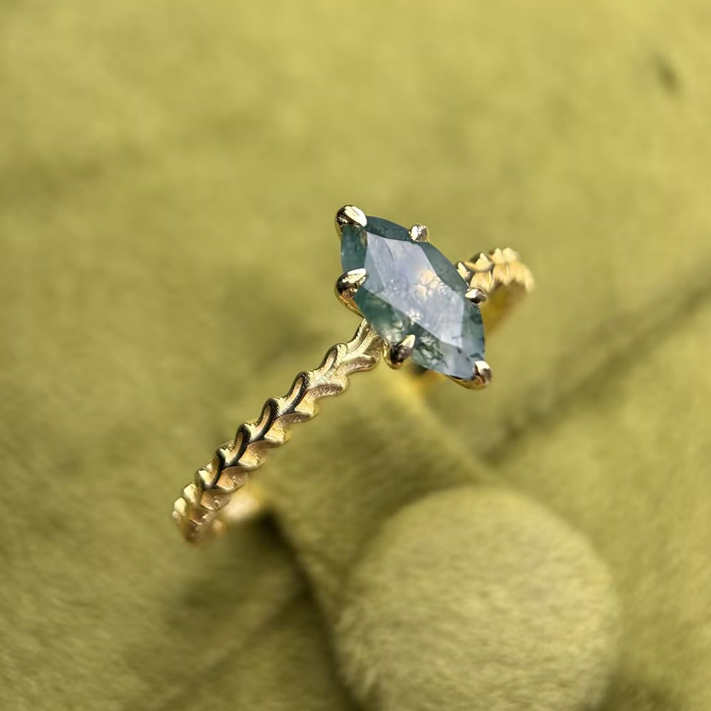 Leaf Prong Marquise Cut Moss Agate Promise Ring Solitaire Engagement Ring with Wheat Band