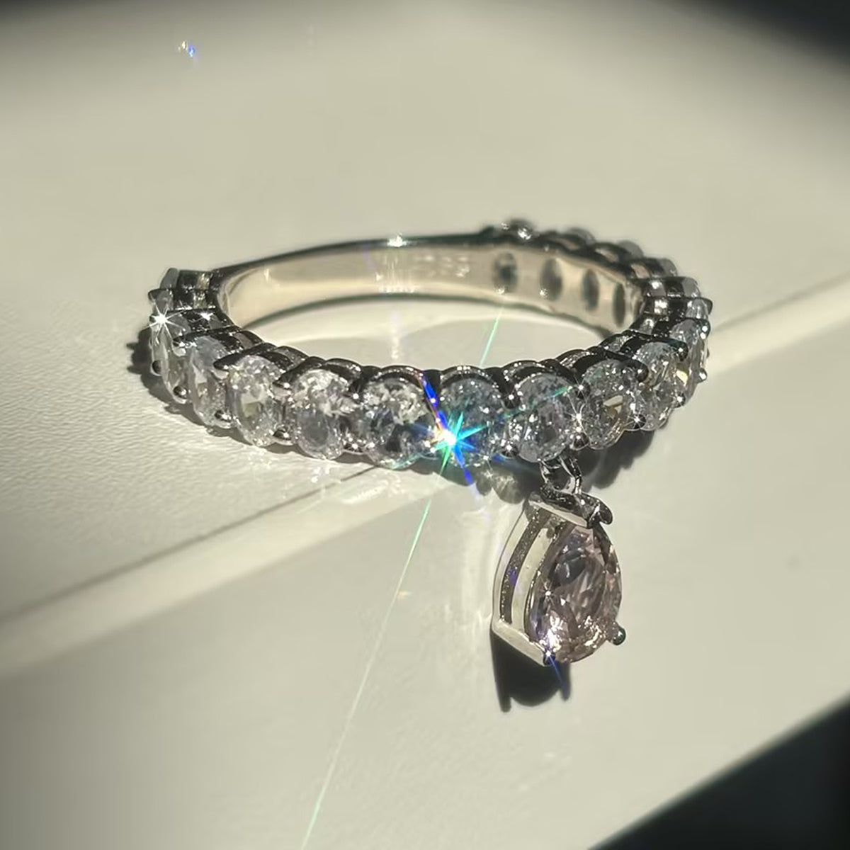 2ct Pear Cut Pink & White Moissanite Band Ring