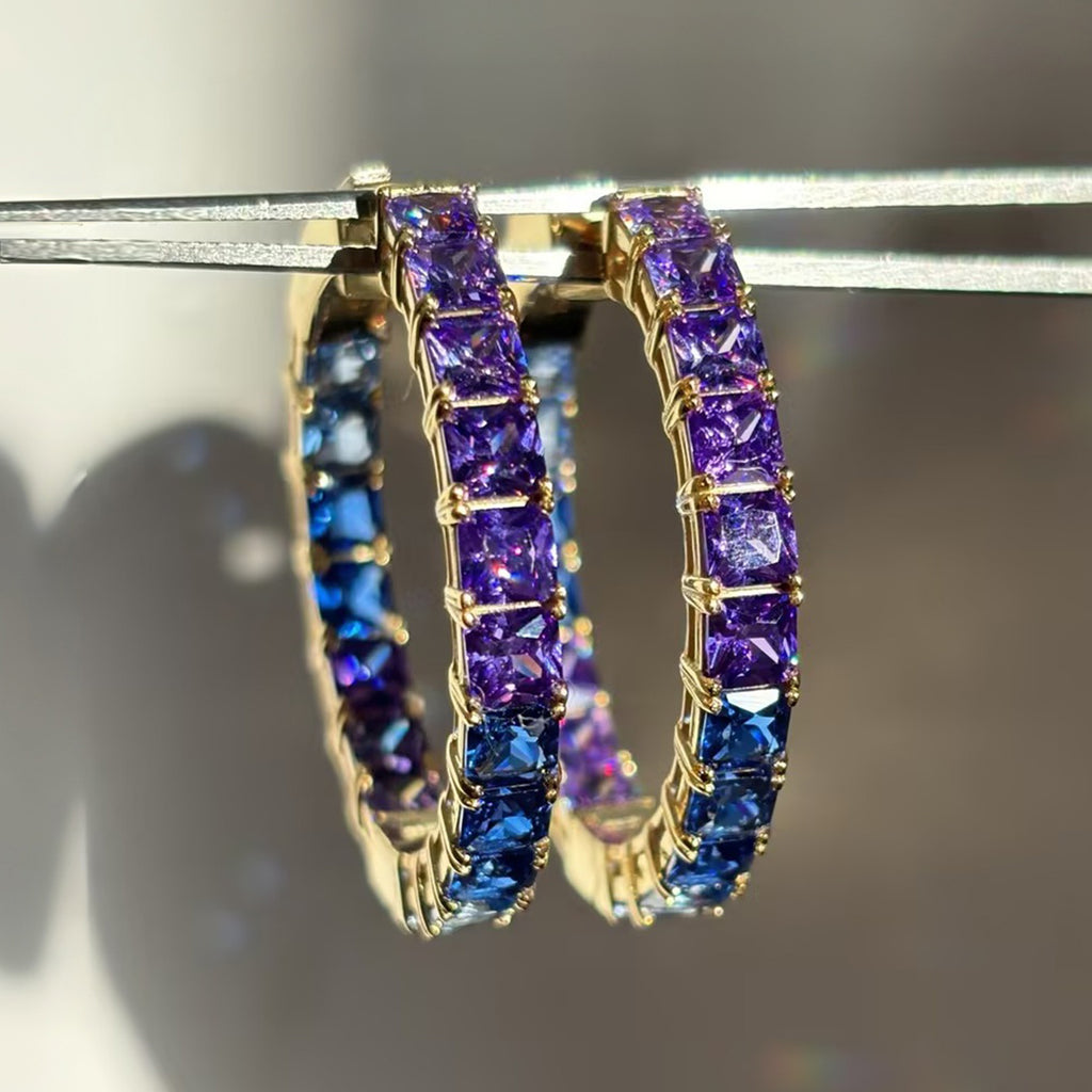 Vibrant Gradient 10ctw Emerald Cut Purple & Blue Sapphire Hoop Earrings