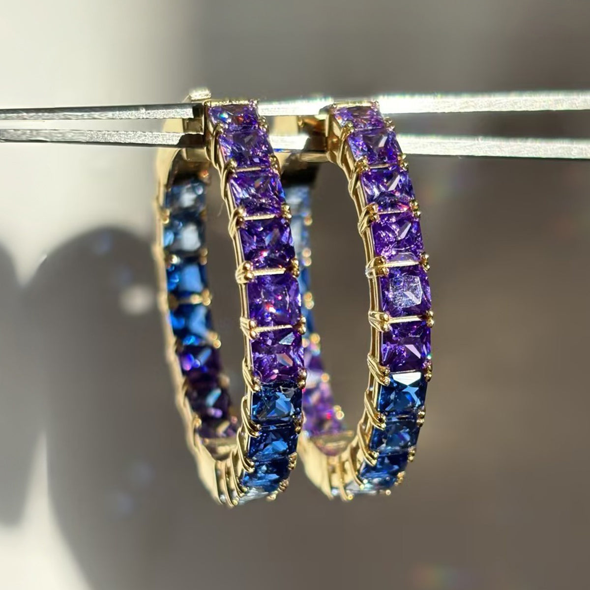 Vibrant Gradient 10ctw Emerald Cut Purple & Blue Sapphire Hoop Earrings
