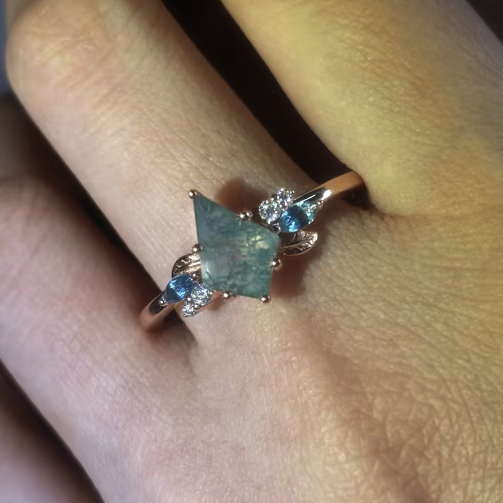 Kite Cut Moss Agate Promise Ring Nature Inspired Cluster Ring