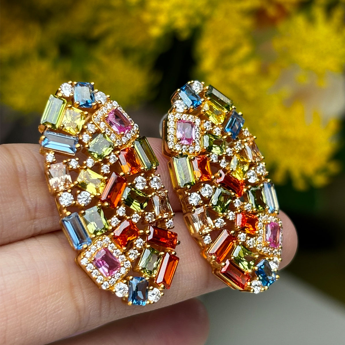 Baguette & Round Multi-Gemstone Cluster Stud Earrings