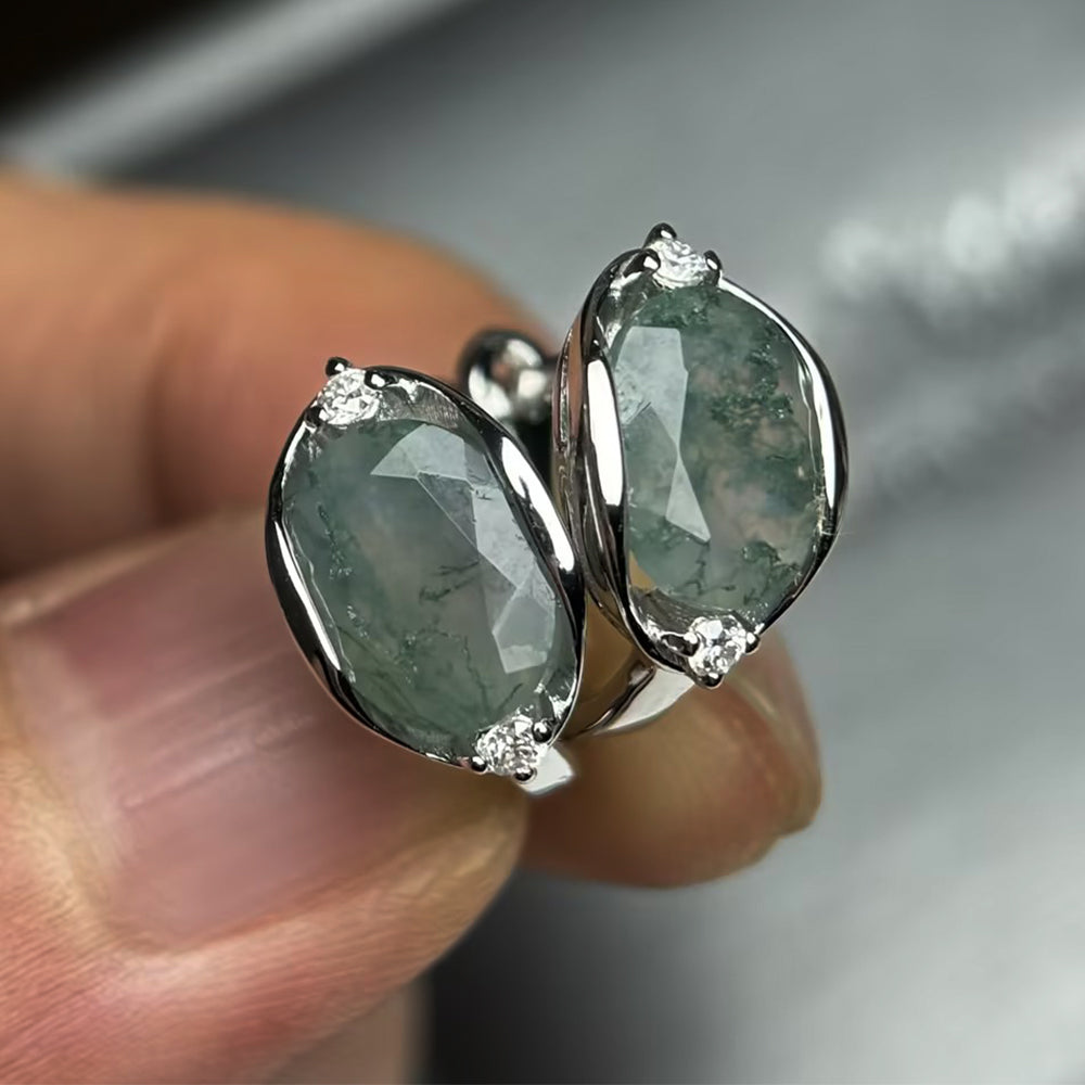 Moss agate silver earrings with natural oval moss agate gemstones and diamond cz stones