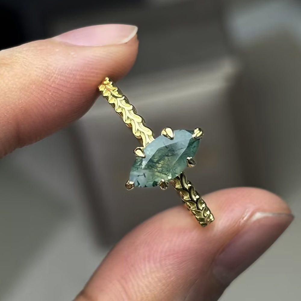 Leaf Prong Marquise Cut Moss Agate Promise Ring Solitaire Engagement Ring with Wheat Band