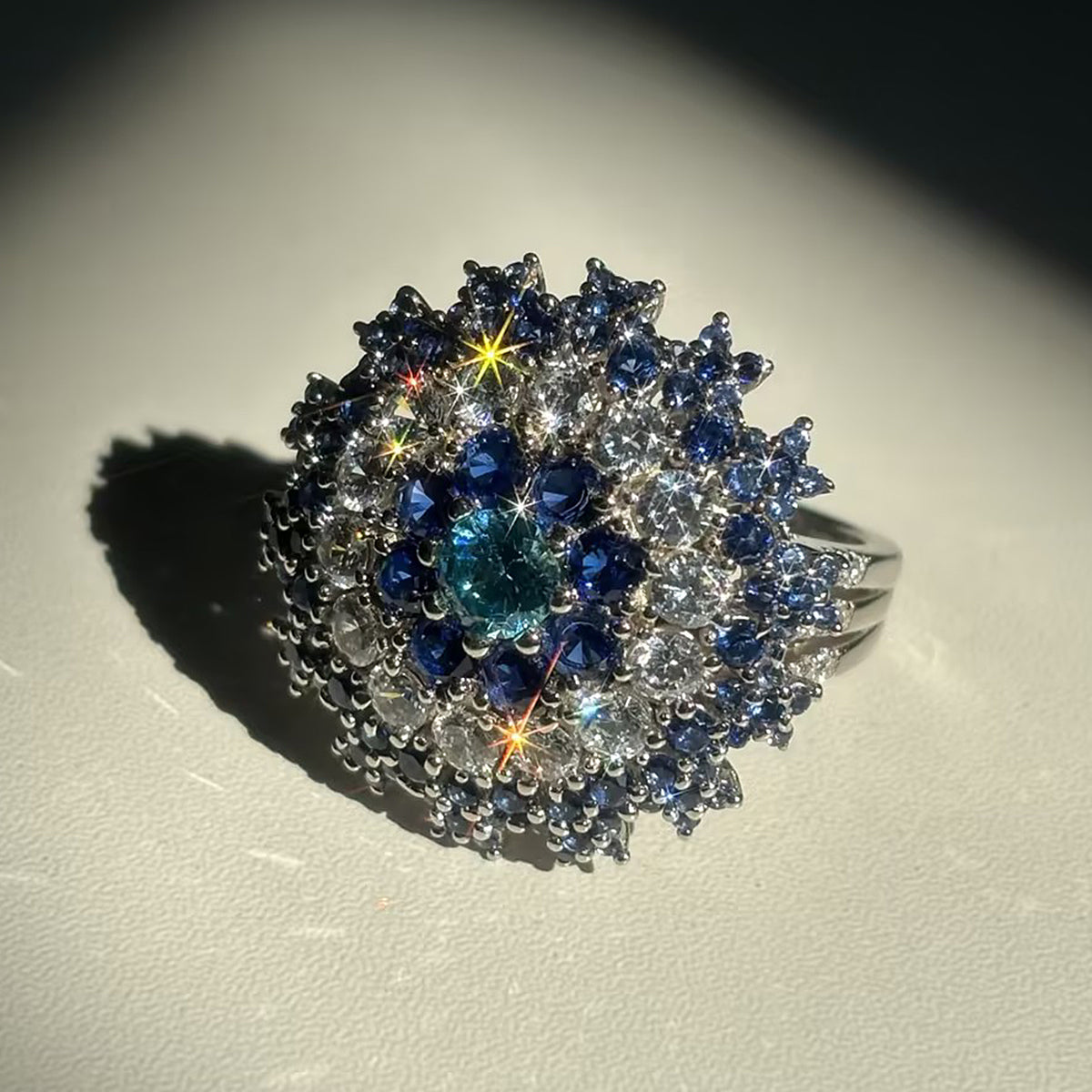 Round Cut Blue & White Sapphire Engagement Ring