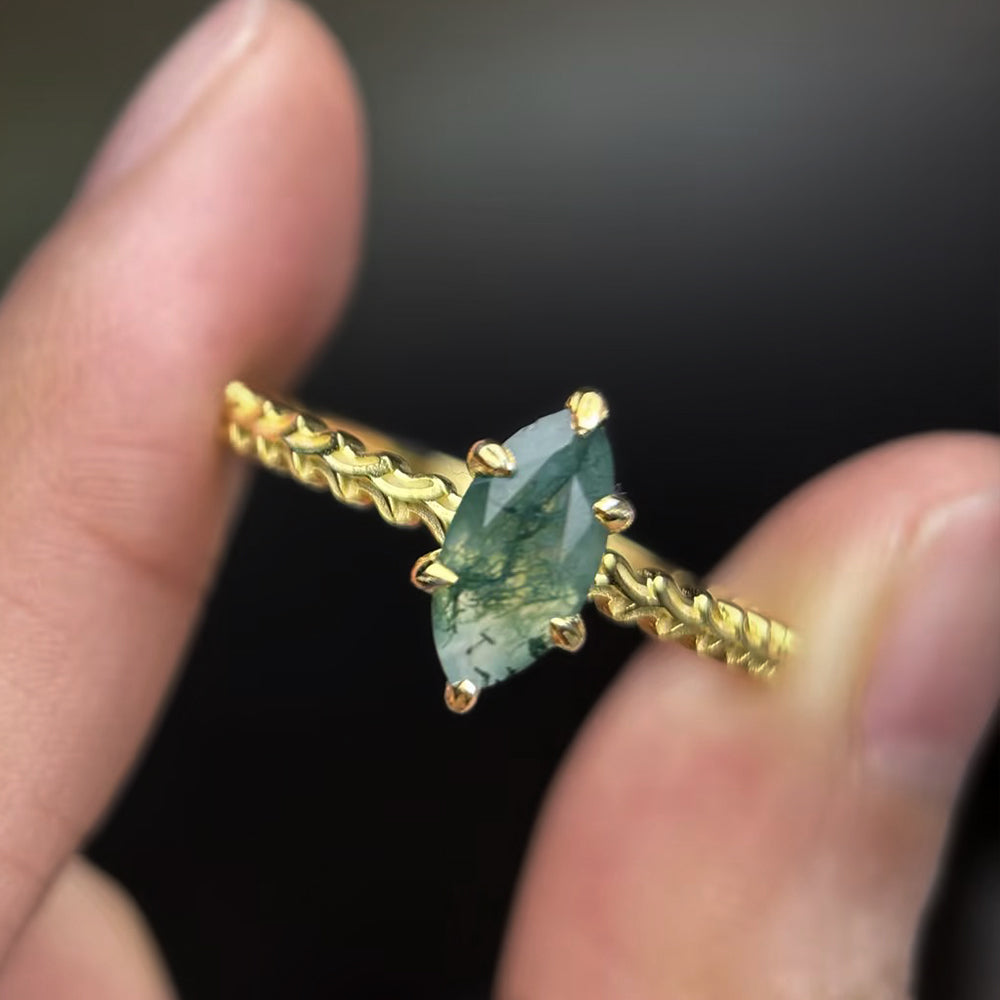 Leaf Prong Marquise Cut Moss Agate Promise Ring Solitaire Engagement Ring with Wheat Band