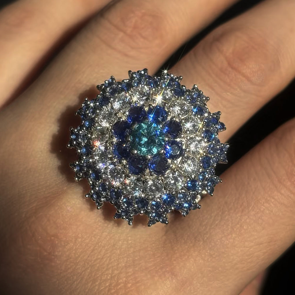 Round Cut Blue & White Sapphire Engagement Ring