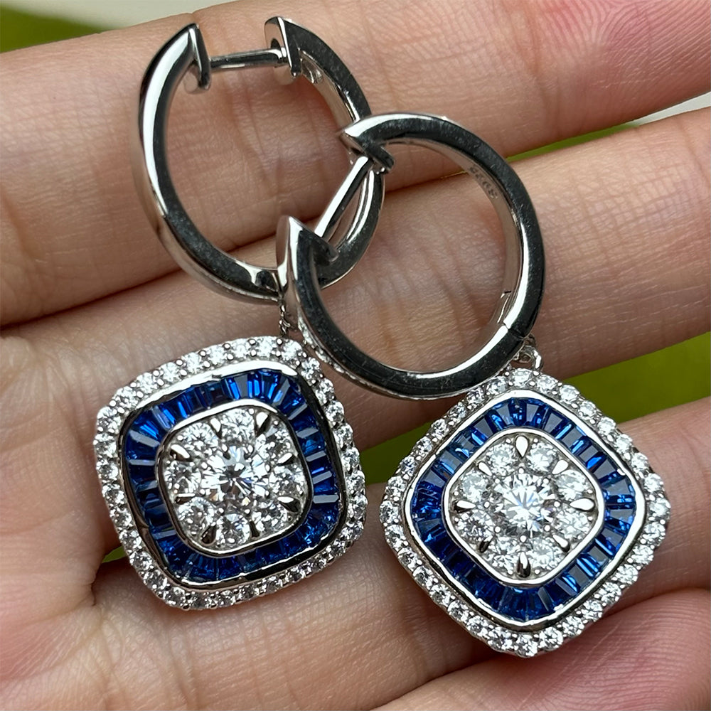 White & Blue Sapphire White Gold Drop Earrings