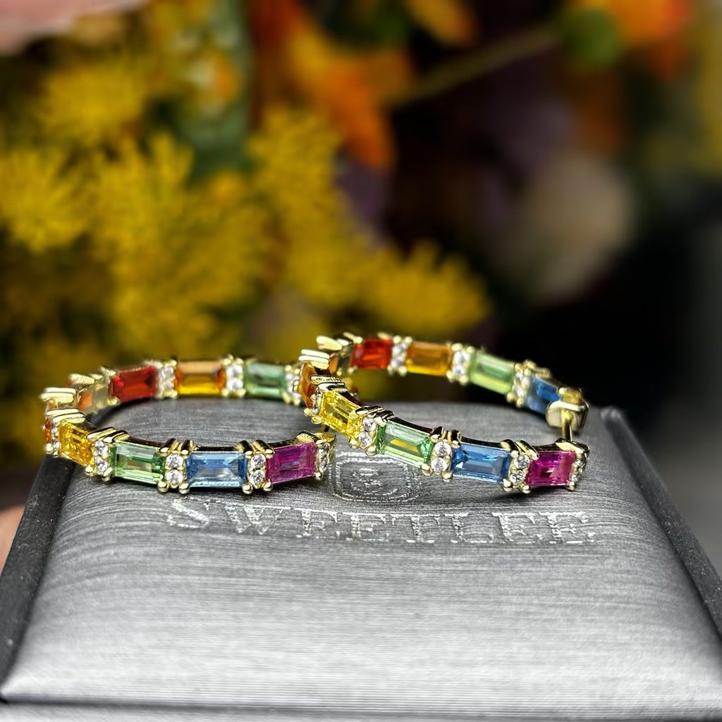Rainbow & White Sapphire Hoop Earrings