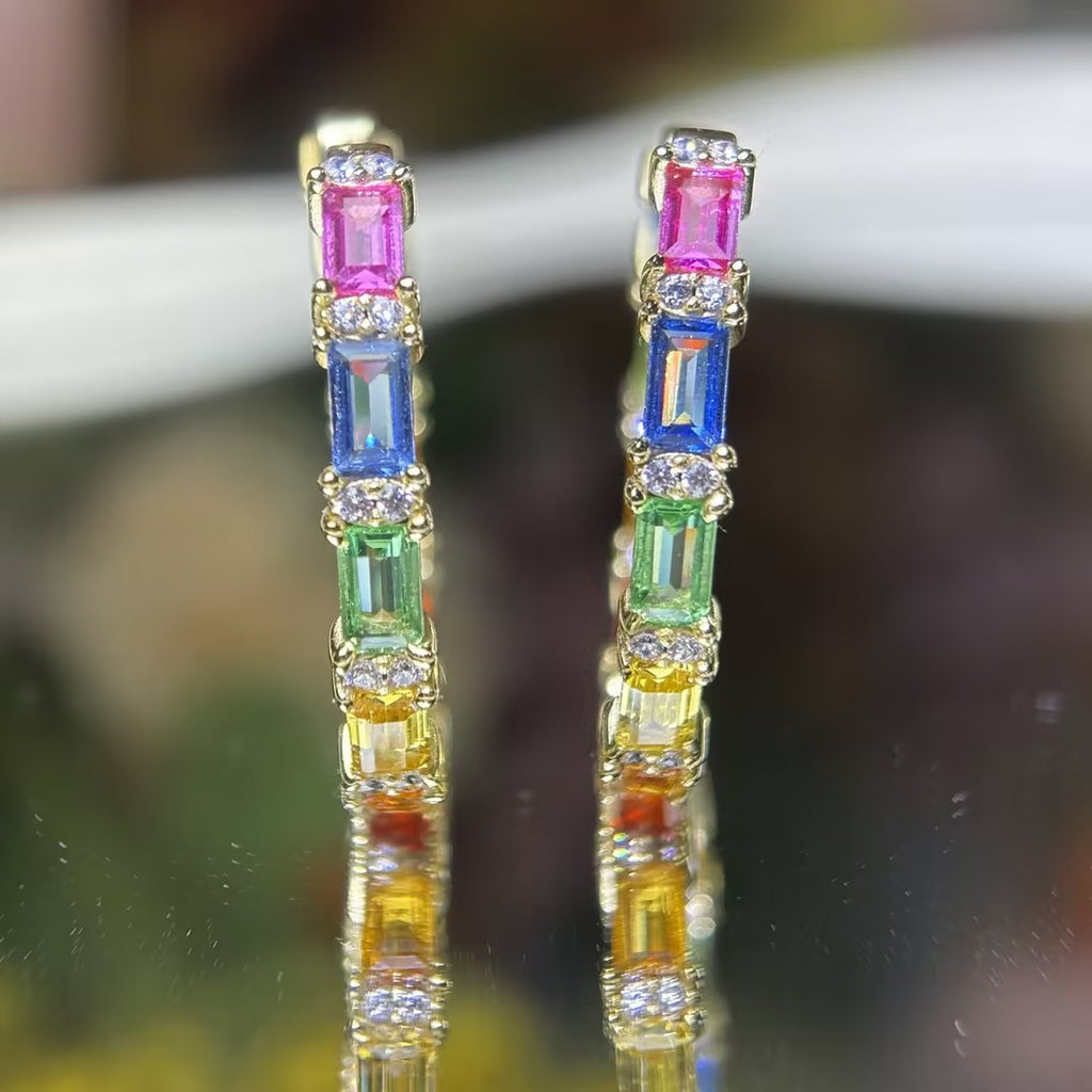Rainbow & White Sapphire Hoop Earrings