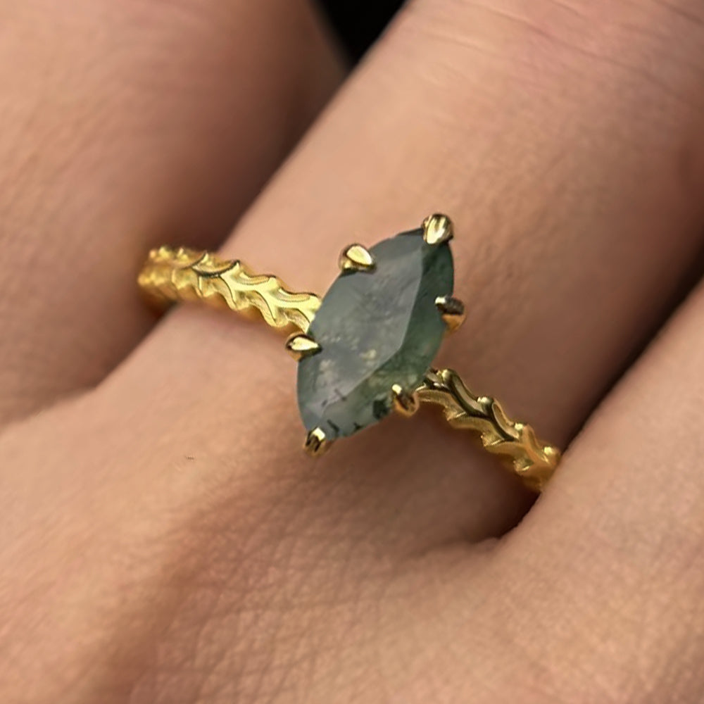 Leaf Prong Marquise Cut Moss Agate Promise Ring Solitaire Engagement Ring with Wheat Band