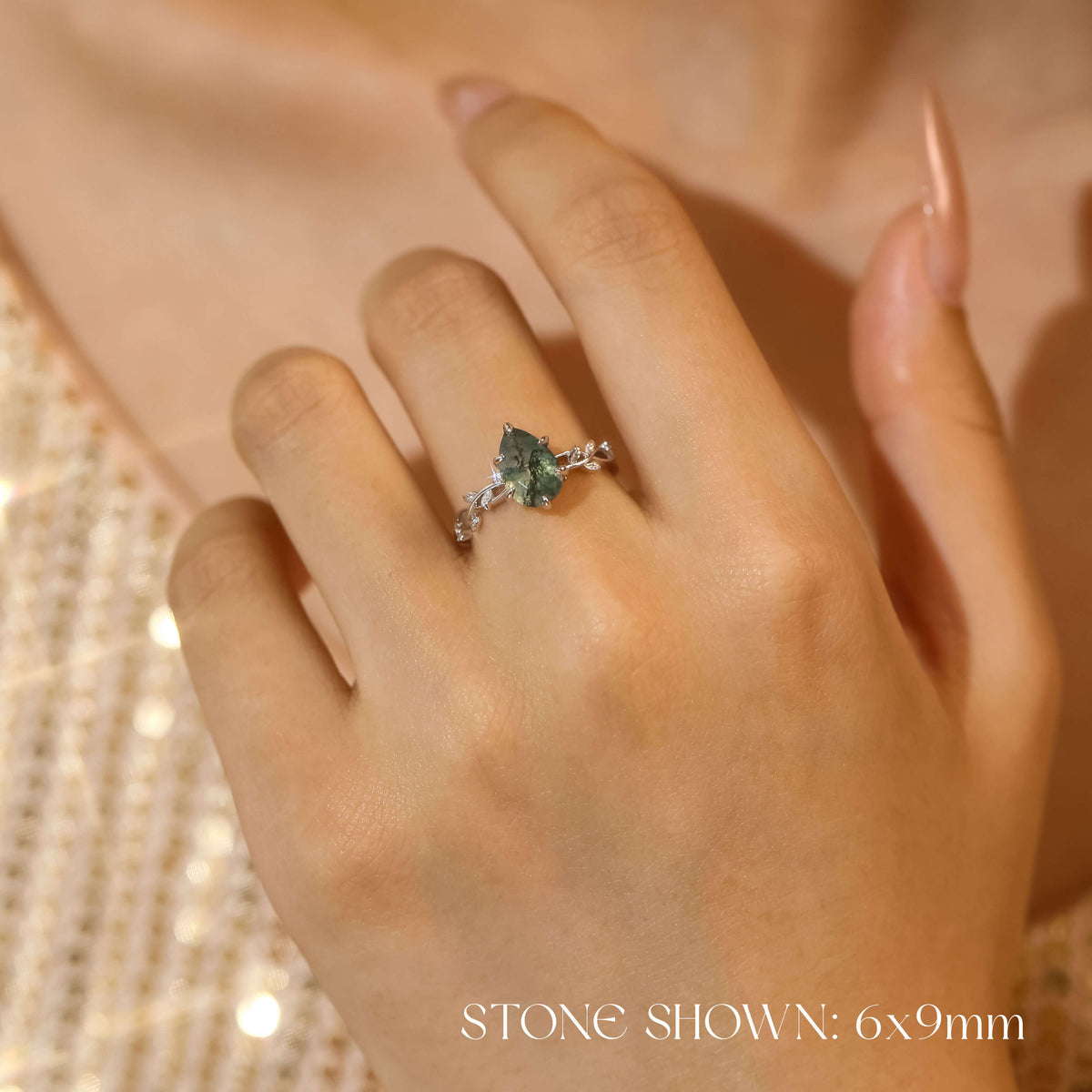 Everlasting Pear Cut Moss Agate Ring