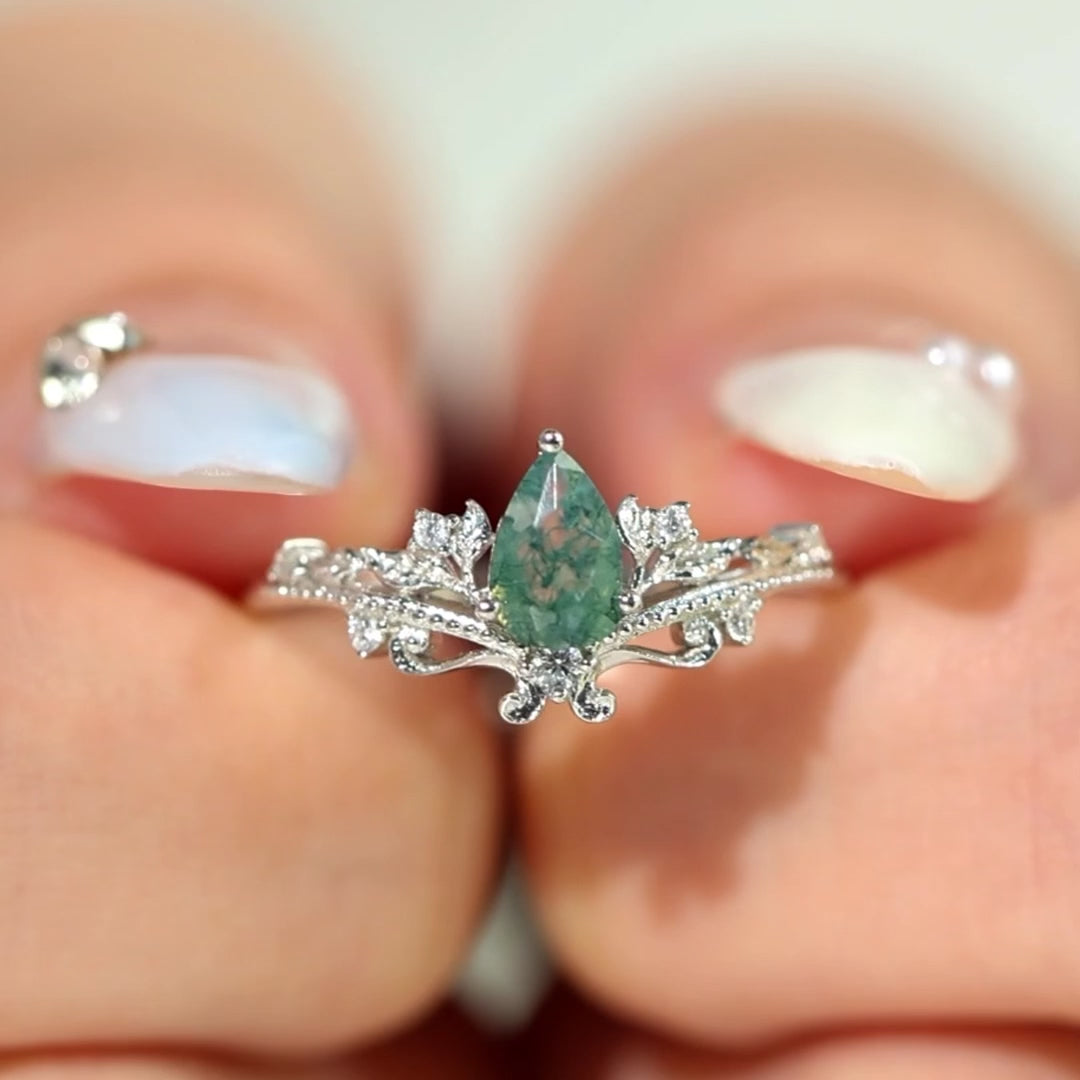 Lotus Moss Agate Abloom and Woodland Ring Set