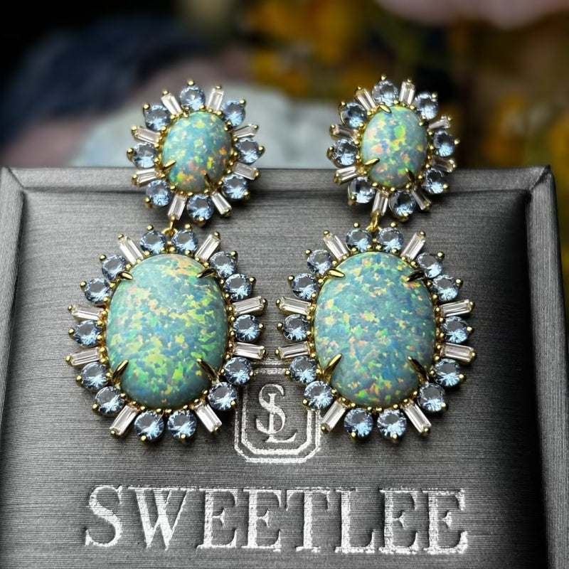 Oval Boulder Opal & Aquamarine Sunburst Drop Earrings
