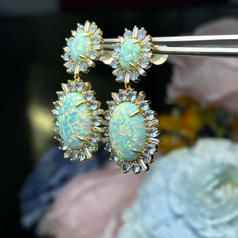 Oval Boulder Opal & Aquamarine Sunburst Drop Earrings