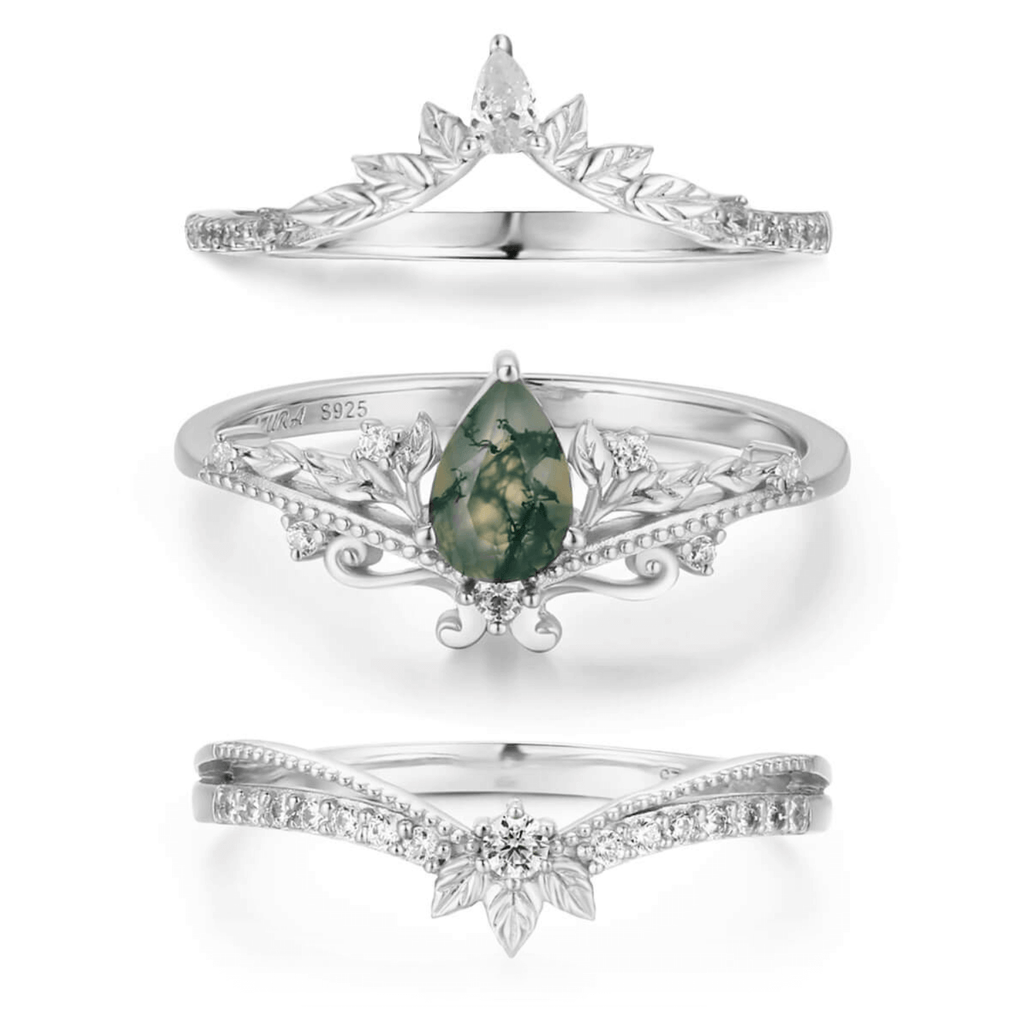 Lotus Moss Agate Abloom and Woodland Ring Set
