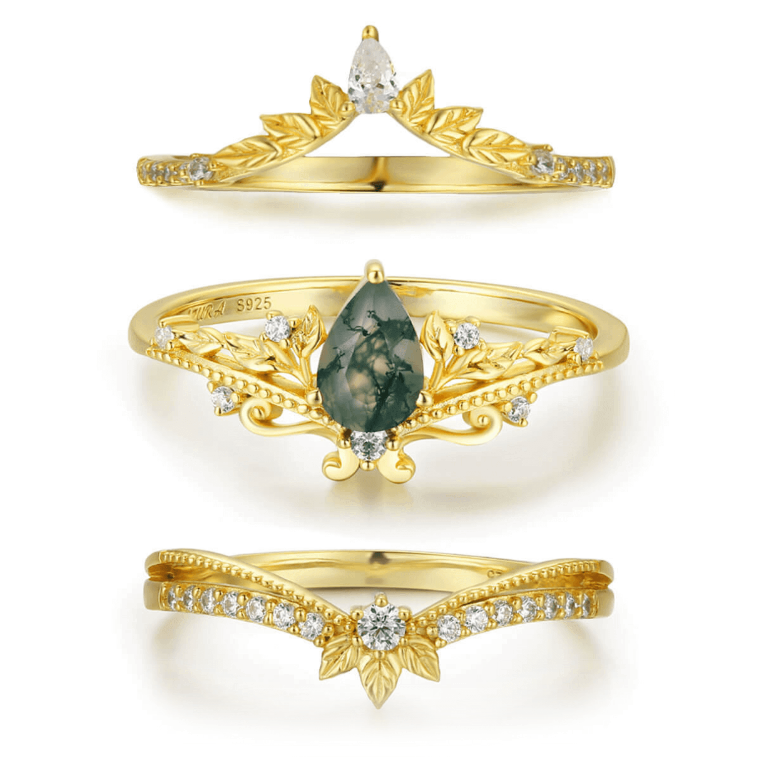 Lotus Moss Agate Abloom and Woodland Ring Set