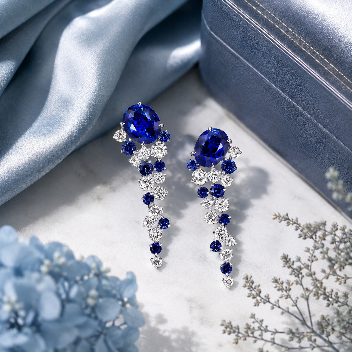 Oval Cut Alternating Blue Sapphire & Clear White Moissanite Dangle Earrings