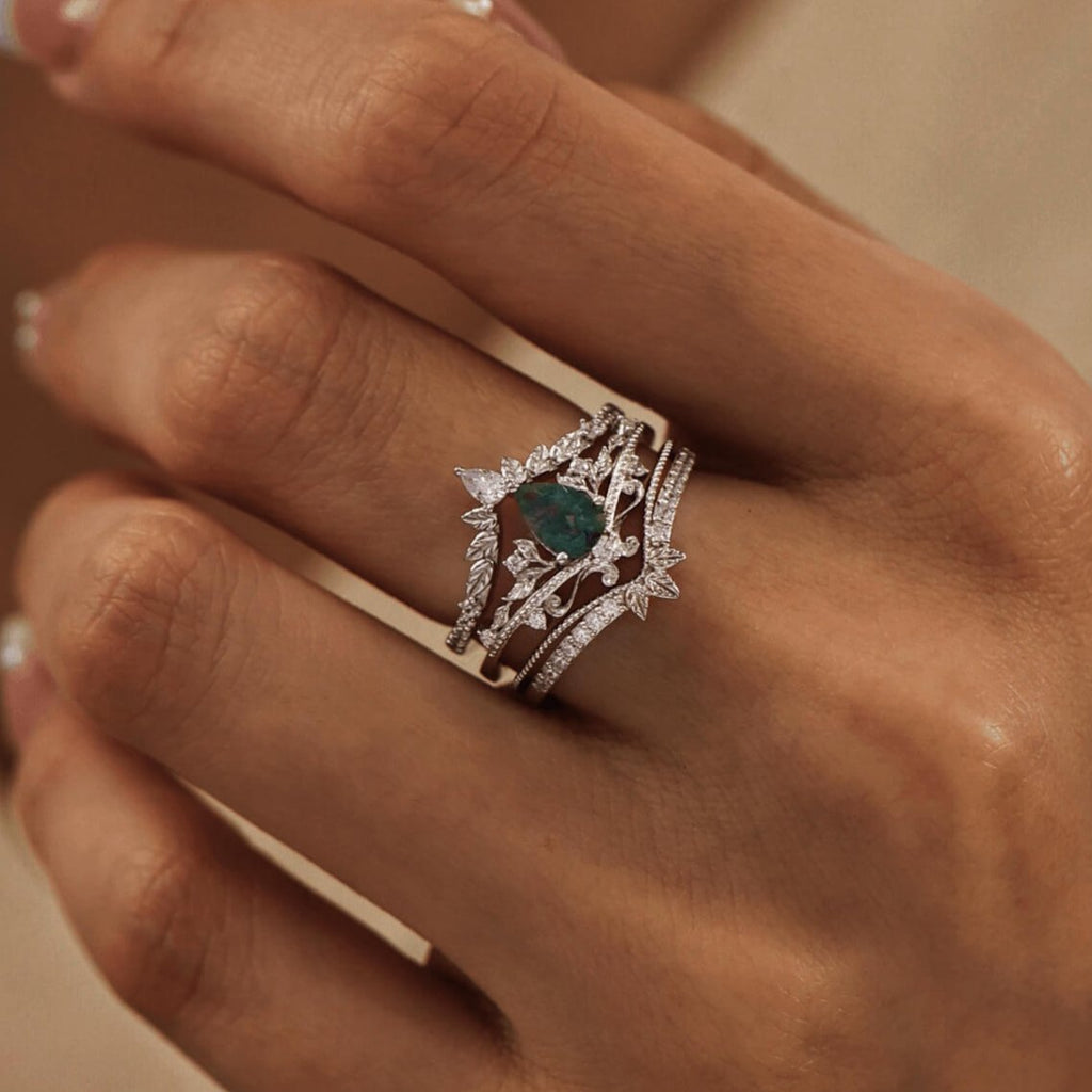 Lotus Moss Agate Abloom and Woodland Ring Set