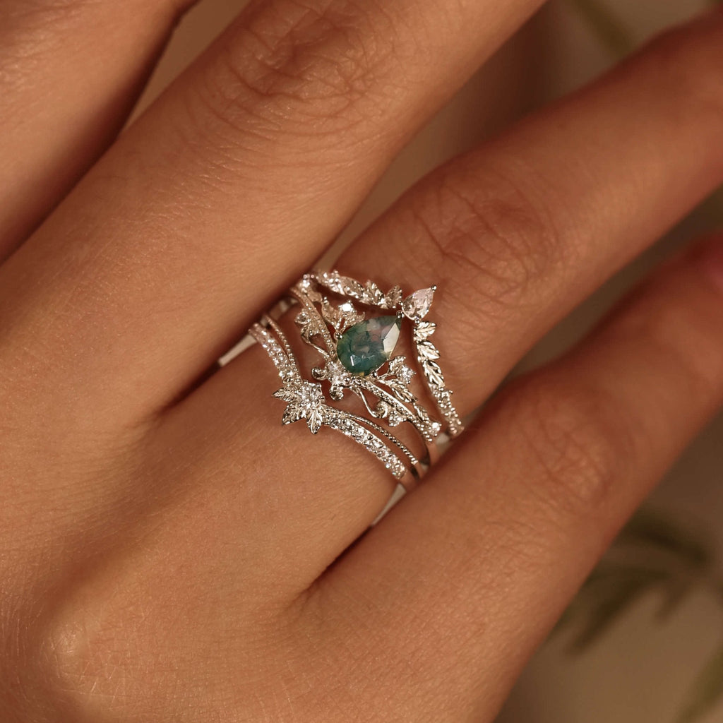 Lotus Moss Agate Abloom and Woodland Ring Set