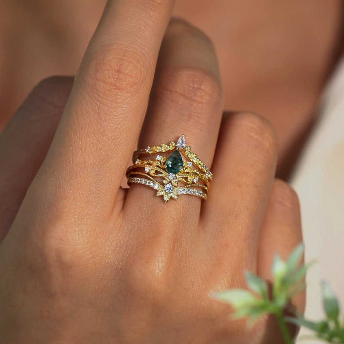 Lotus Moss Agate Abloom and Woodland Ring Set